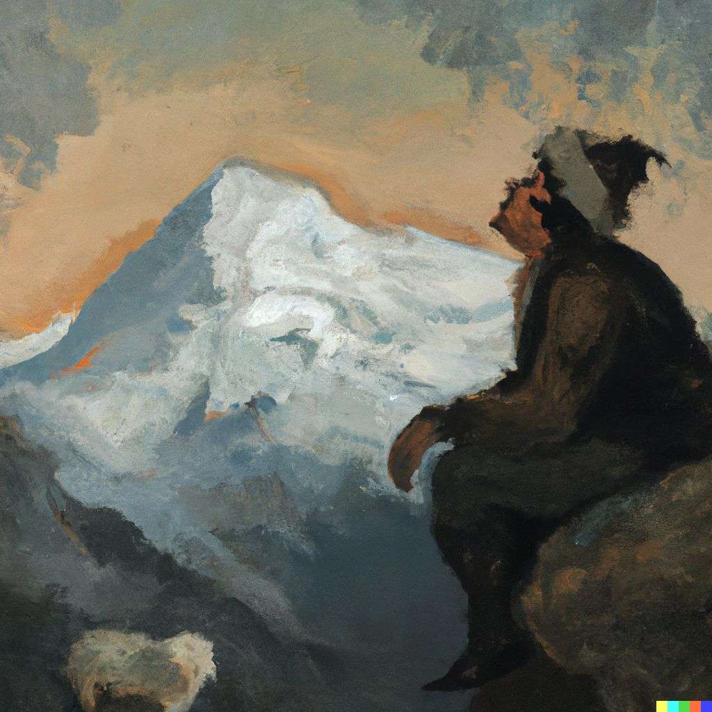 someone gazing at Mount Everest, painting by Francisco de Goya